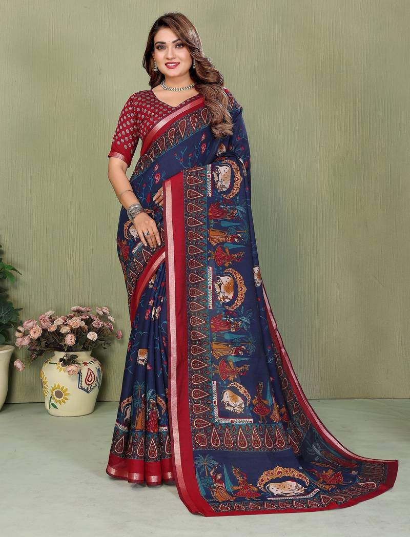 Navy blue printed mal cotton saree with blouse