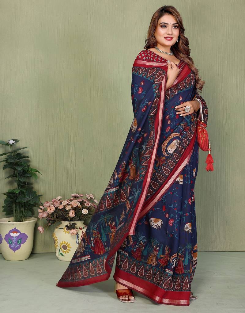 Navy blue printed mal cotton saree with blouse
