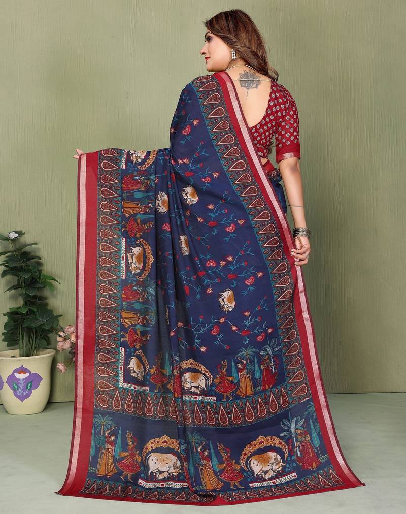 Navy blue printed mal cotton saree with blouse