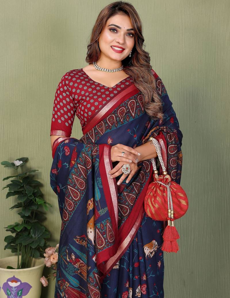 Navy blue printed mal cotton saree with blouse