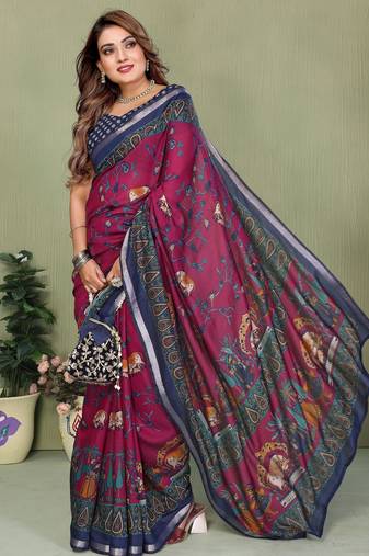 Purple printed mal cotton saree with blouse