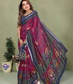 Purple printed mal cotton saree with blouse