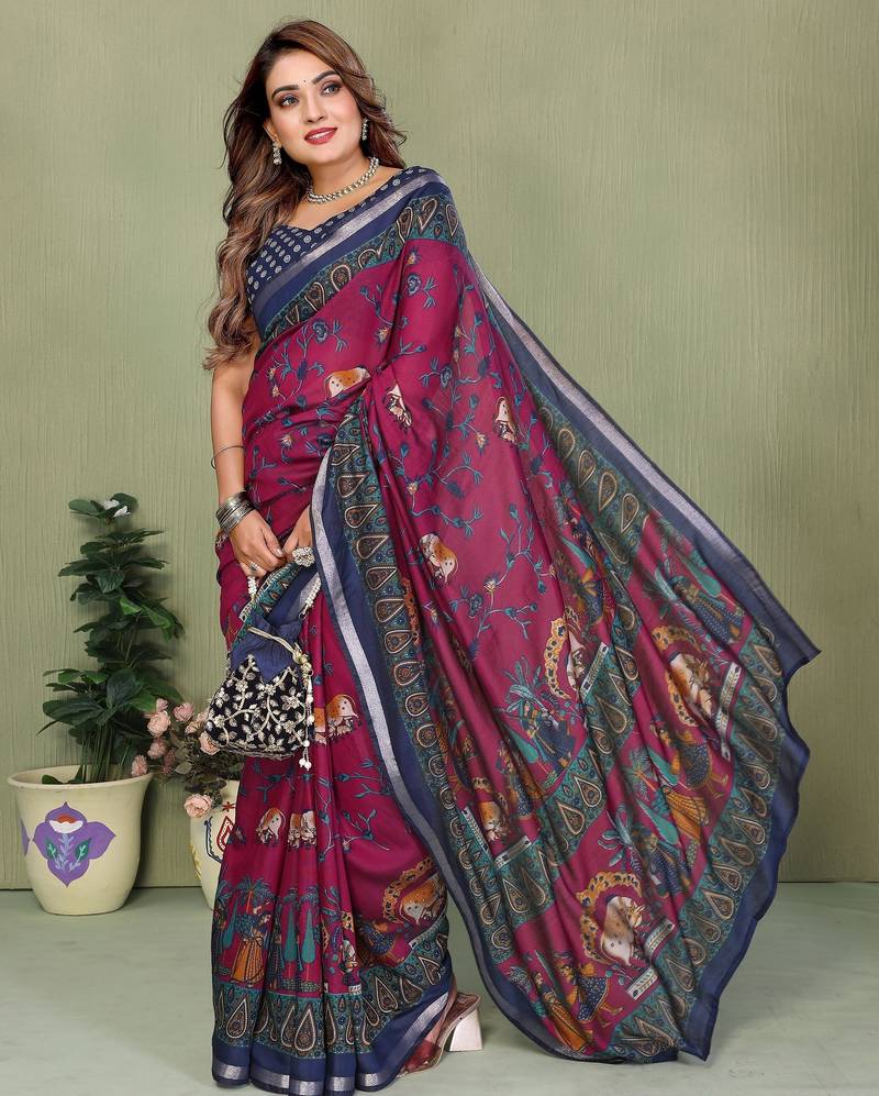 Purple printed mal cotton saree with blouse