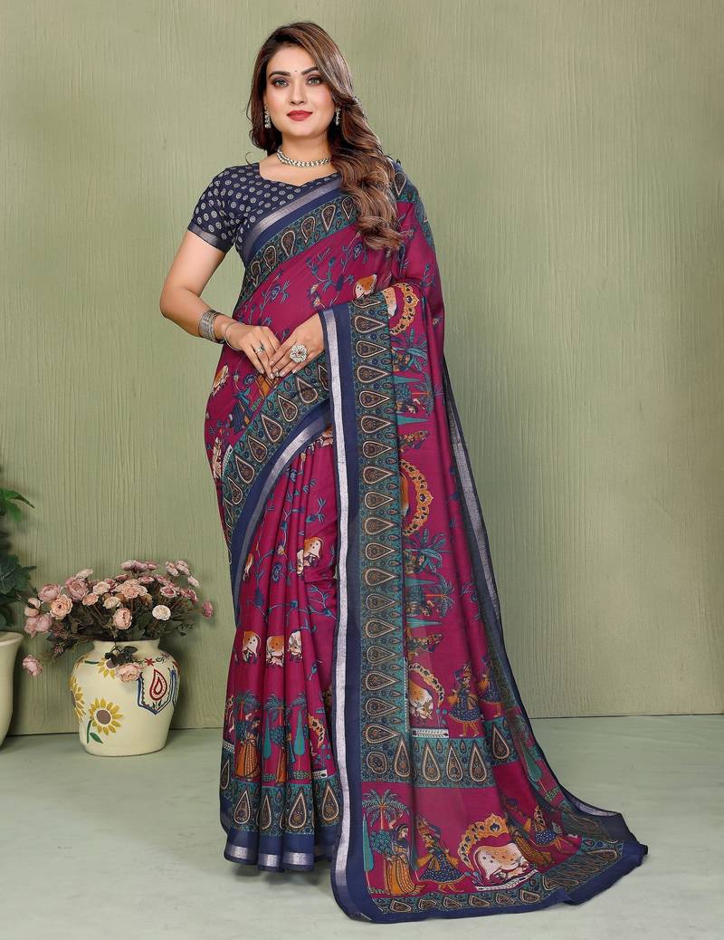 Purple printed mal cotton saree with blouse