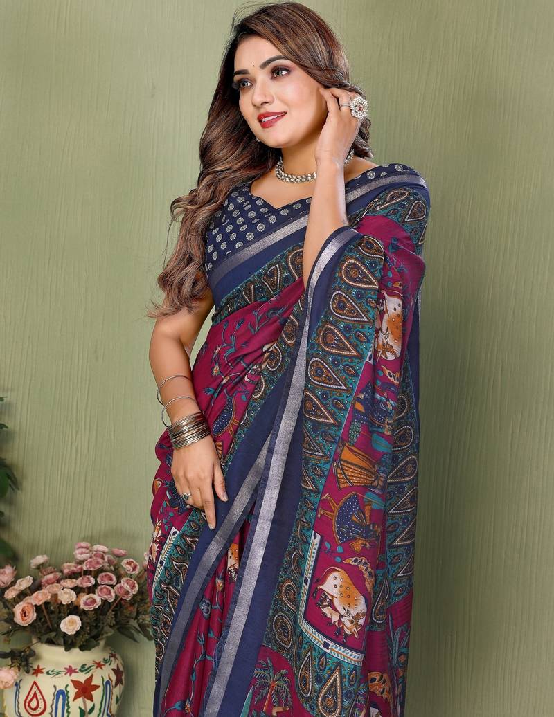 Purple printed mal cotton saree with blouse