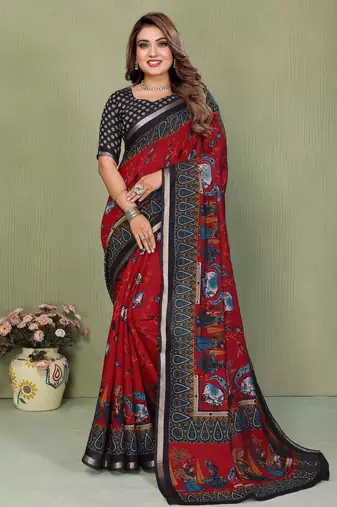 Red printed mal cotton saree with blouse