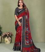 Red printed mal cotton saree with blouse