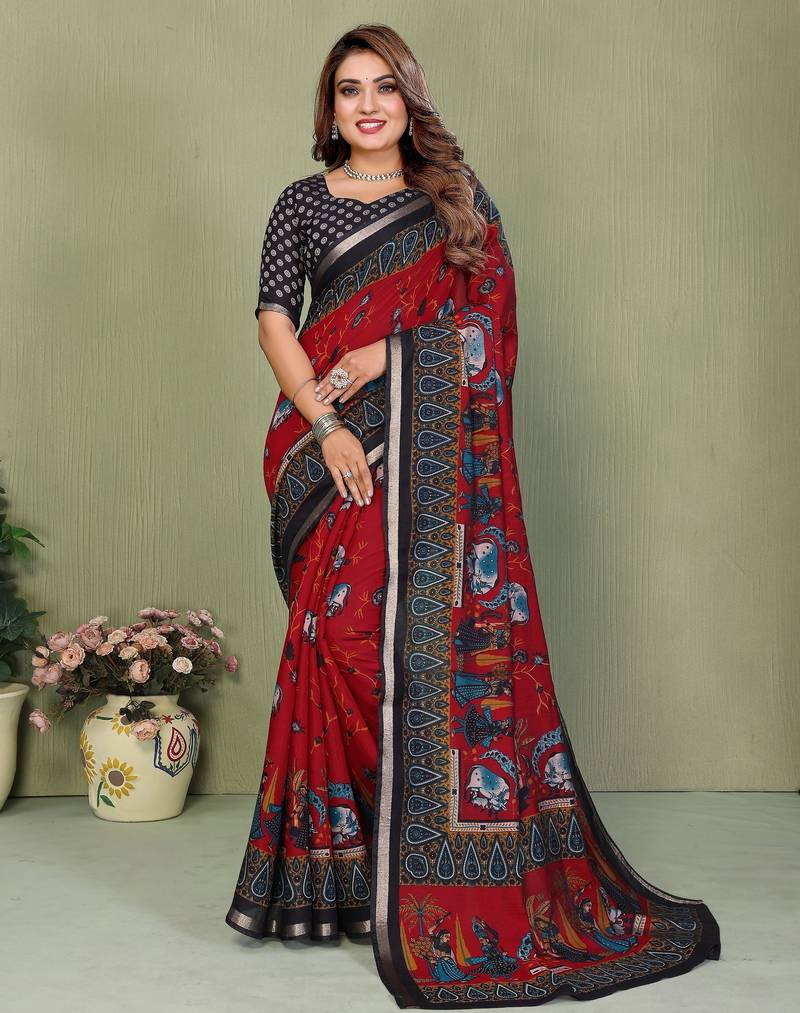 Red printed mal cotton saree with blouse