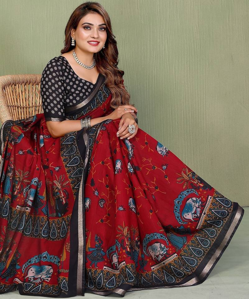Red printed mal cotton saree with blouse