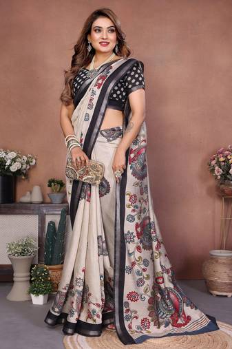 Black printed mal cotton saree with blouse