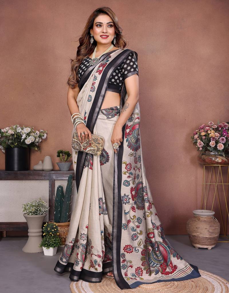 Black printed mal cotton saree with blouse