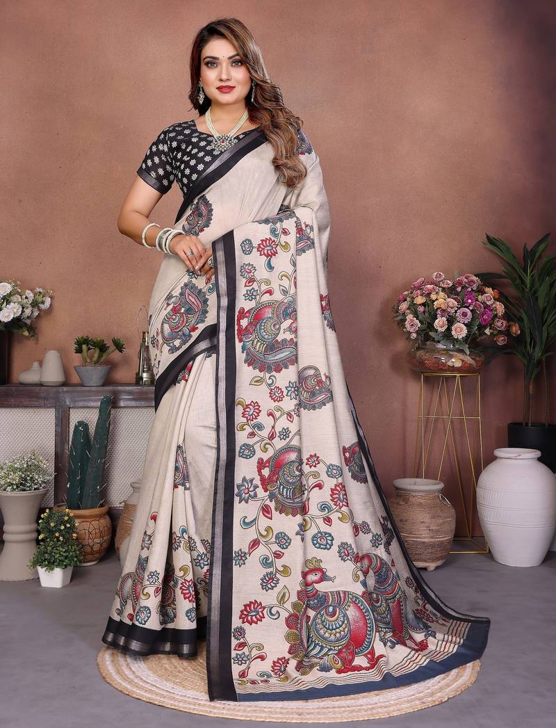 Black printed mal cotton saree with blouse