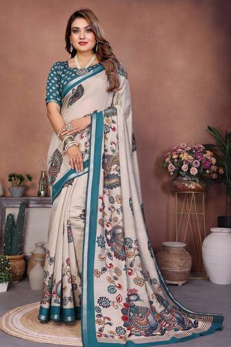 Green printed mal cotton saree with blouse