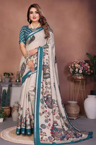 Green printed mal cotton saree with blouse