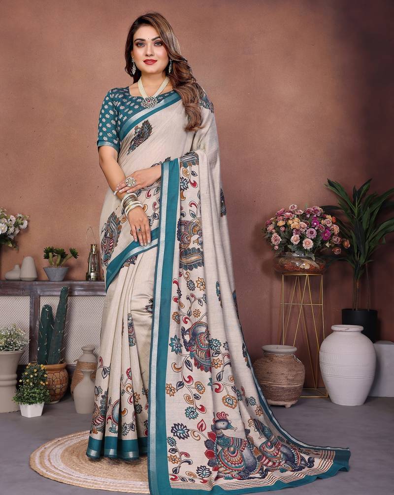 Green printed mal cotton saree with blouse