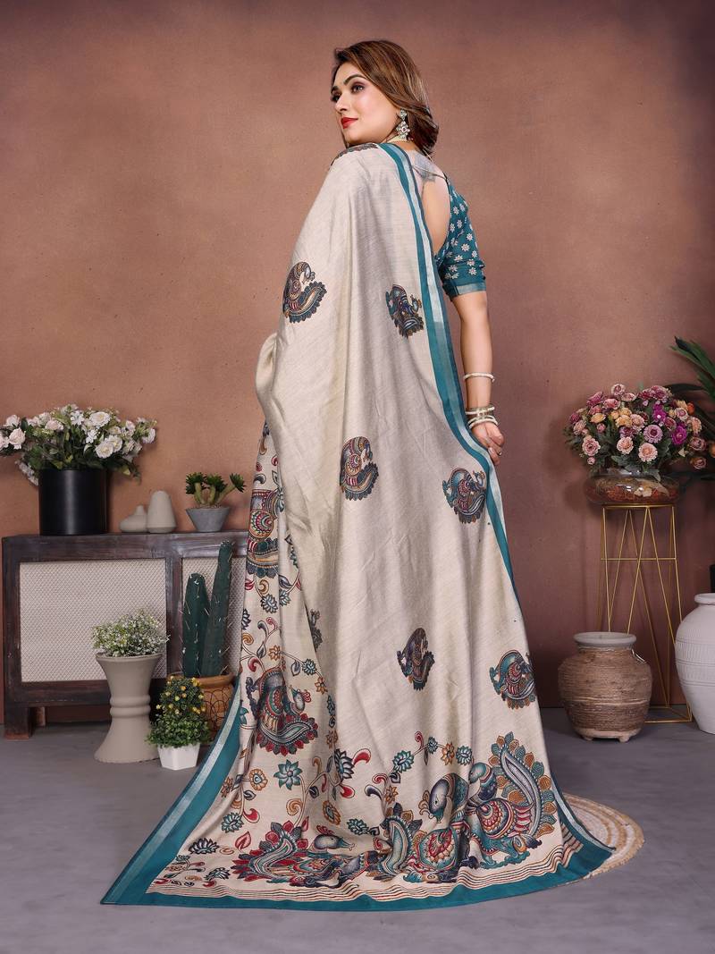 Green printed mal cotton saree with blouse