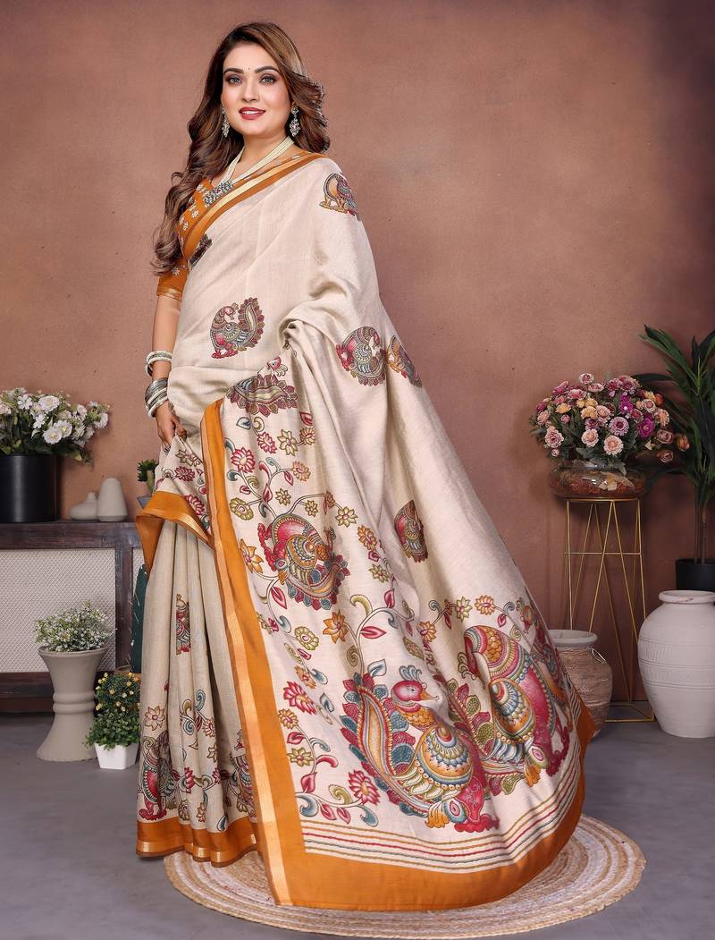 Mustard printed mal cotton saree with blouse