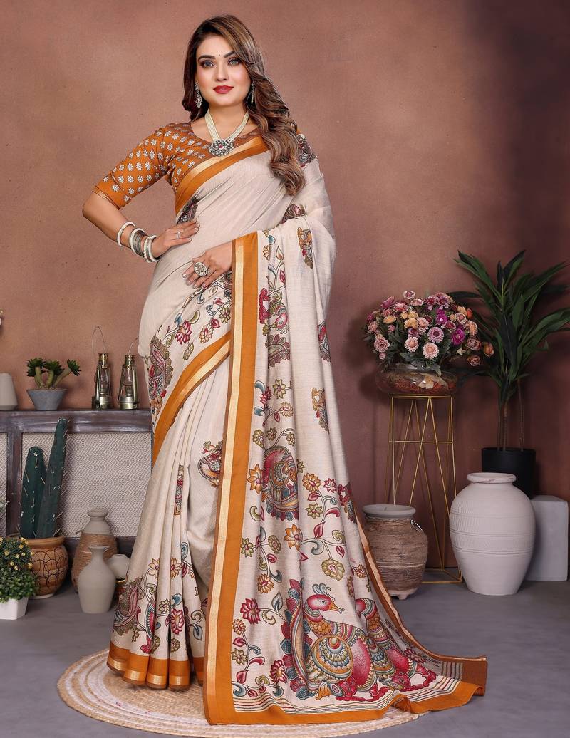 Mustard printed mal cotton saree with blouse