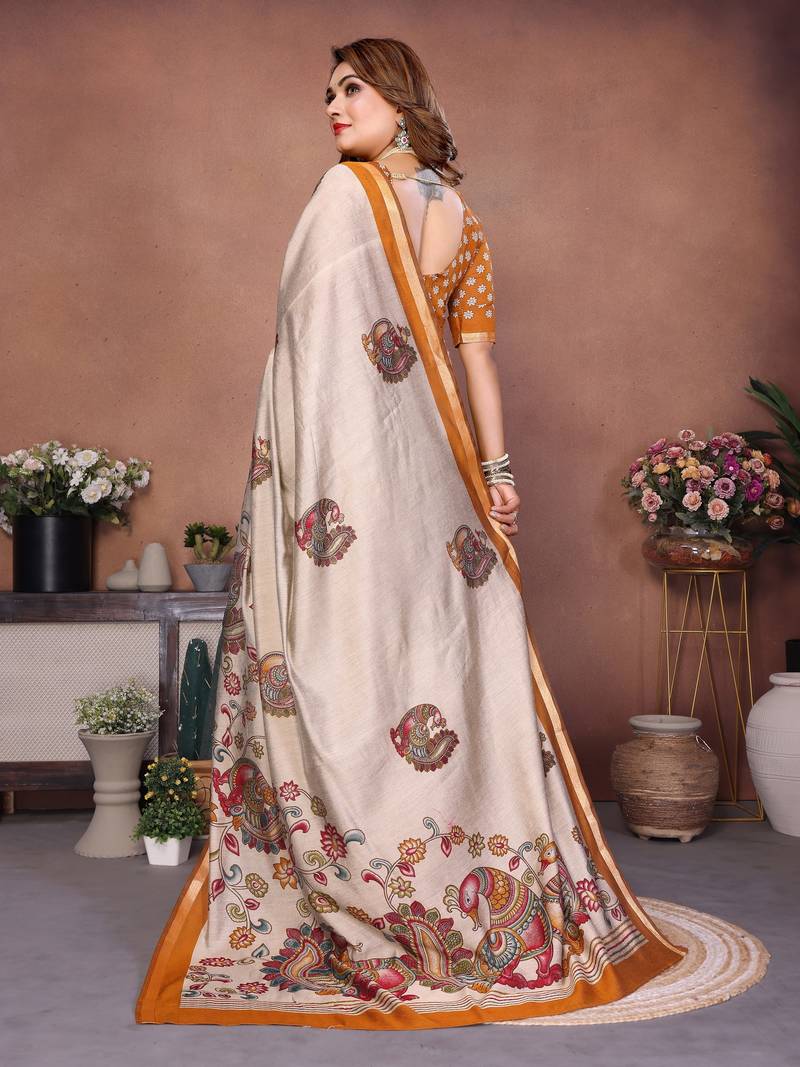 Mustard printed mal cotton saree with blouse