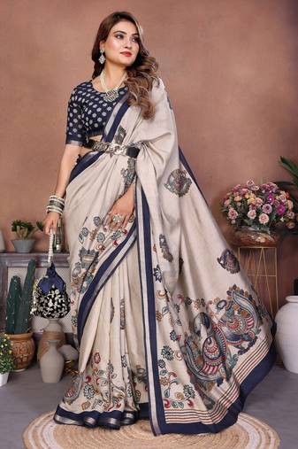 Navy blue printed mal cotton saree with blouse