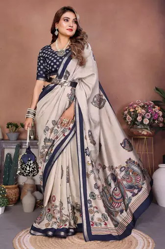 Navy blue printed mal cotton saree with blouse