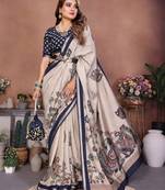 Navy blue printed mal cotton saree with blouse