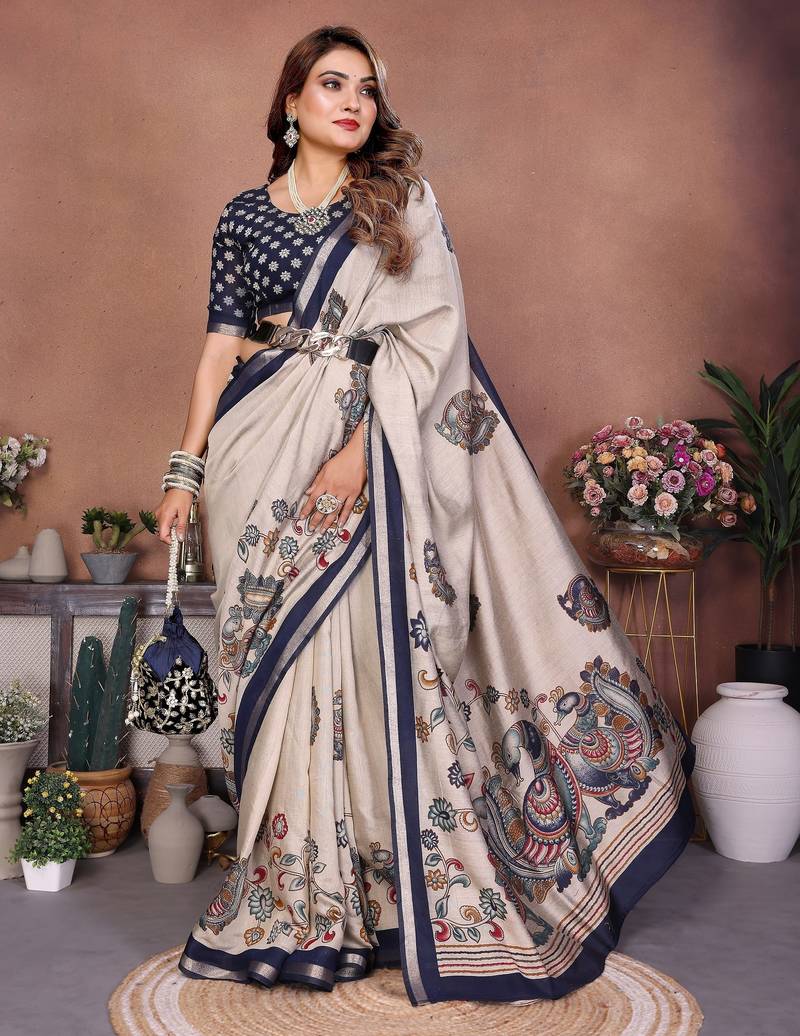 Navy blue printed mal cotton saree with blouse