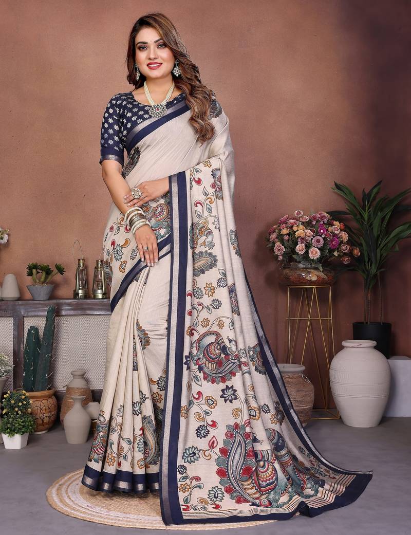 Navy blue printed mal cotton saree with blouse