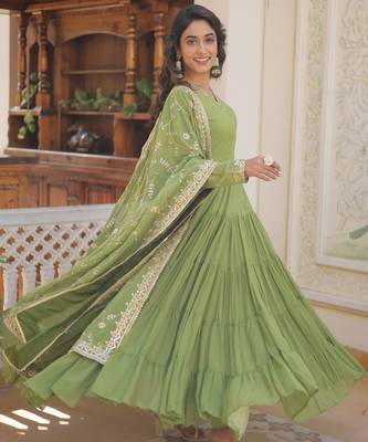 Faux Georgette Sequins Embroidered Stitched Gown with Dupatta     Parrot Green | 56" Length 1