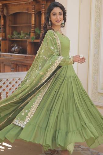 Faux Georgette Sequins Embroidered Stitched Gown with Dupatta     Parrot Green | 56" Length