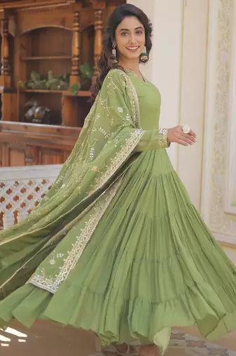 Faux Georgette Sequins Embroidered Stitched Gown with Dupatta     Parrot Green | 56" Length