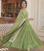 Faux Georgette Sequins Embroidered Stitched Gown with Dupatta     Parrot Green | 56" Length