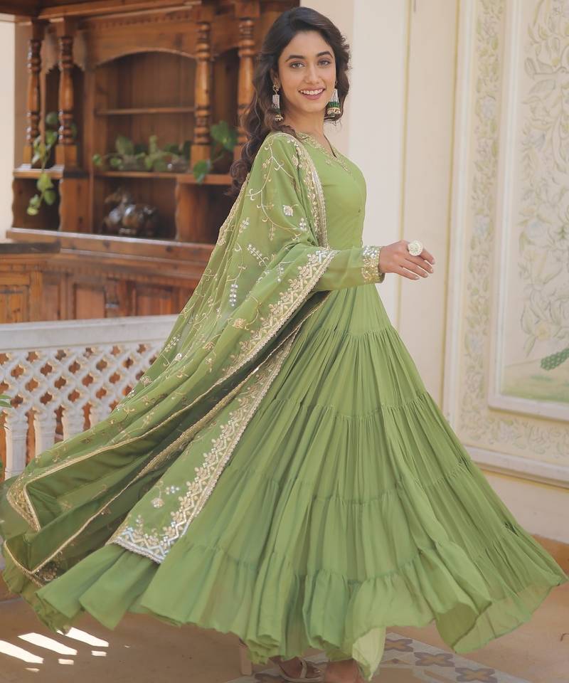 Faux Georgette Sequins Embroidered Stitched Gown with Dupatta     Parrot Green | 56" Length