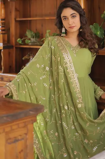 Faux Georgette Sequins Embroidered Stitched Gown with Dupatta     Parrot Green | 56" Length