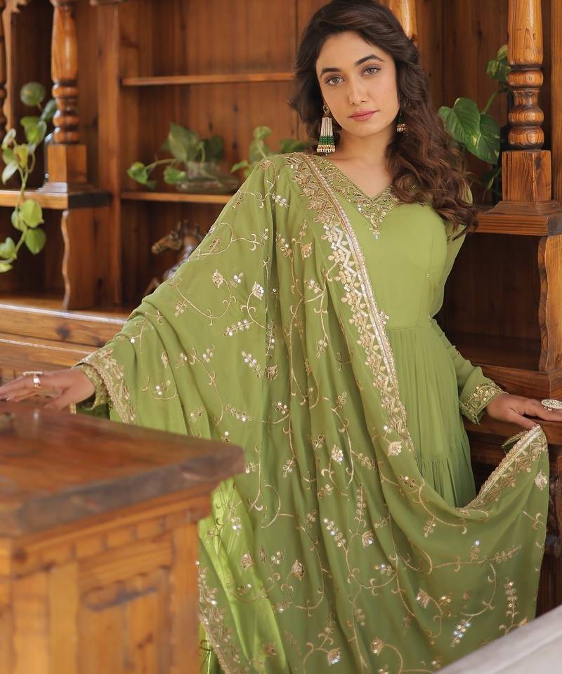 Faux Georgette Sequins Embroidered Stitched Gown with Dupatta     Parrot Green | 56" Length
