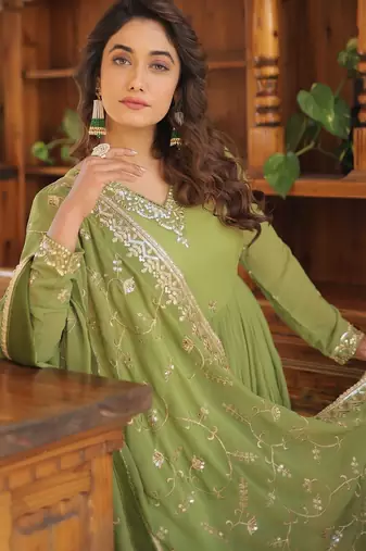 Faux Georgette Sequins Embroidered Stitched Gown with Dupatta     Parrot Green | 56" Length