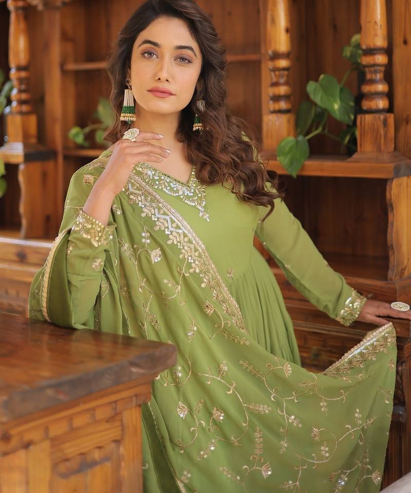 Faux Georgette Sequins Embroidered Stitched Gown with Dupatta     Parrot Green | 56" Length