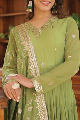 Faux Georgette Sequins Embroidered Stitched Gown with Dupatta     Parrot Green | 56" Length 4