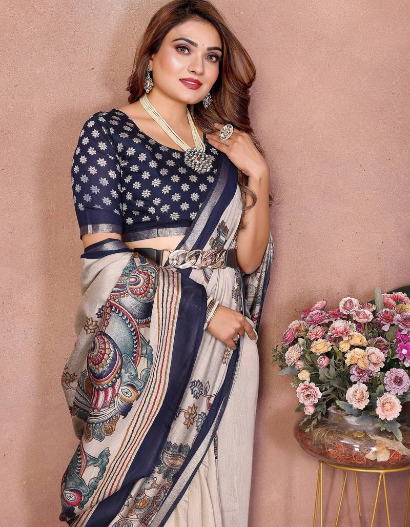 Navy blue printed mal cotton saree with blouse