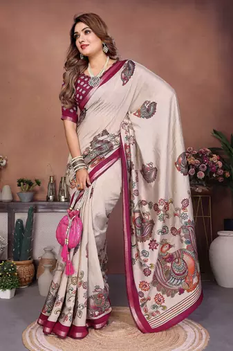 Purple printed mal cotton saree with blouse