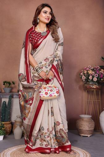 Red printed mal cotton saree with blouse