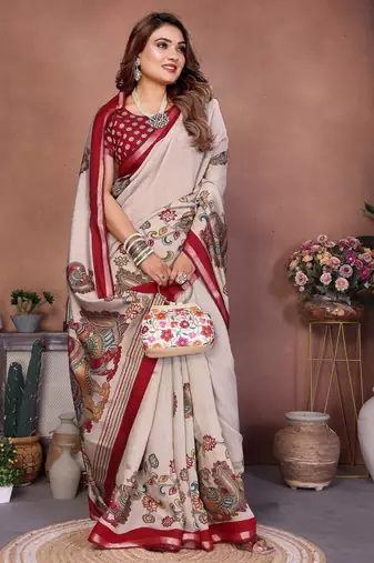 Red printed mal cotton saree with blouse