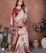 Red printed mal cotton saree with blouse