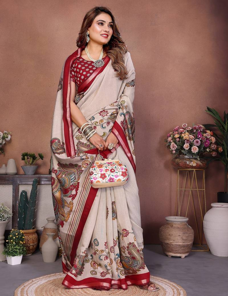 Red printed mal cotton saree with blouse