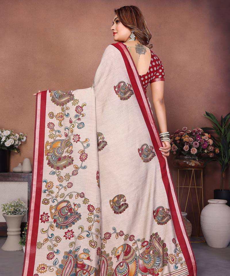 Red printed mal cotton saree with blouse