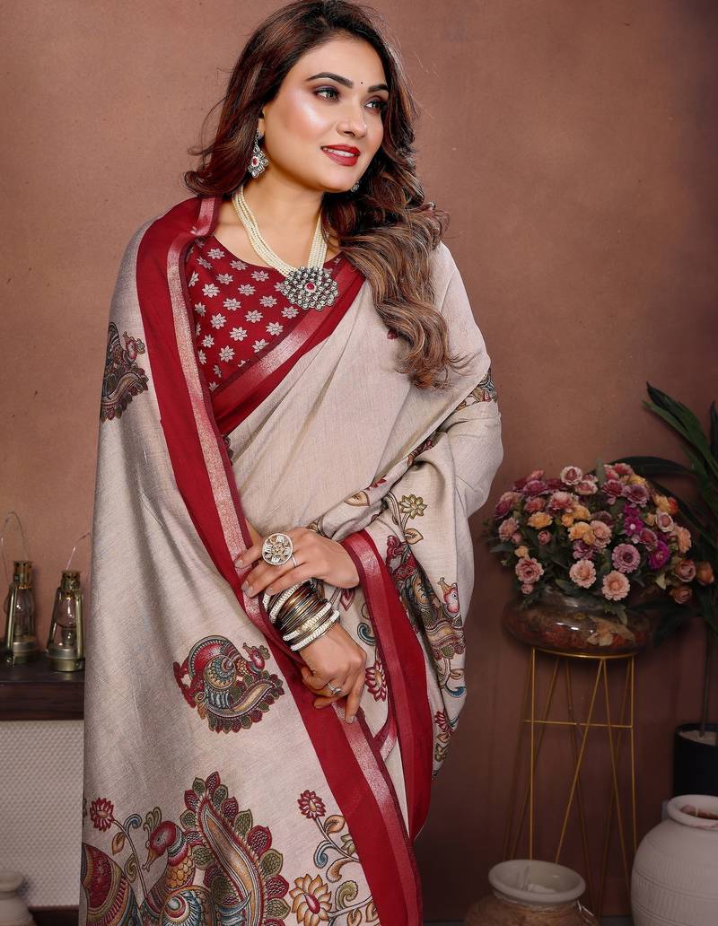 Red printed mal cotton saree with blouse