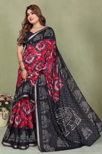 Black printed mal cotton saree with blouse