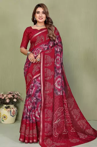 Maroon printed mal cotton saree with blouse