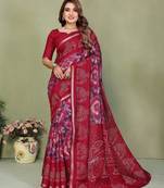 Maroon printed mal cotton saree with blouse