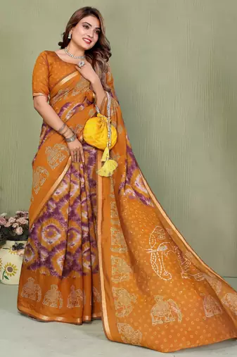 Mustard printed mal cotton saree with blouse